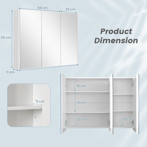 Costway Wall-Mounted 3-Door Bathroom Mirror Cabinet Cupboard Adjustable Shelves 2