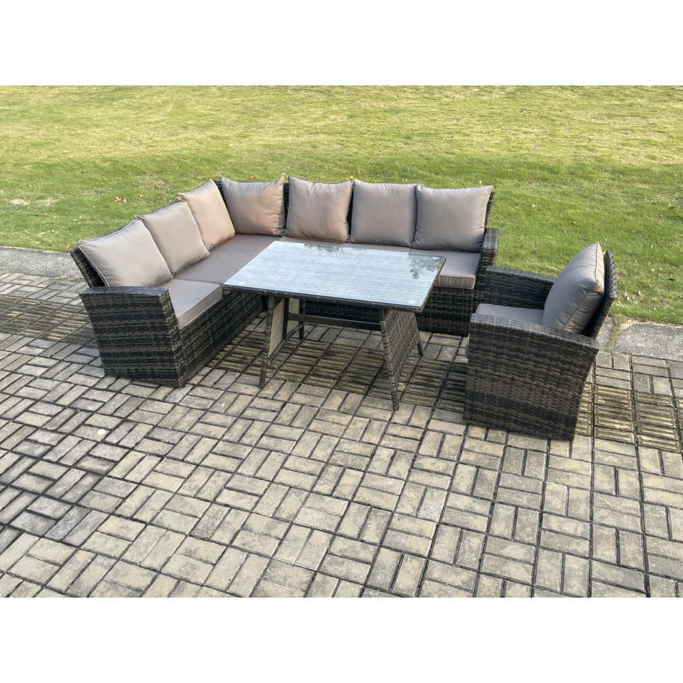 Fimous High Back Outdoor Garden Furniture Set Rattan Corner Sofa Dining Table Set With Armchair 7 Seater