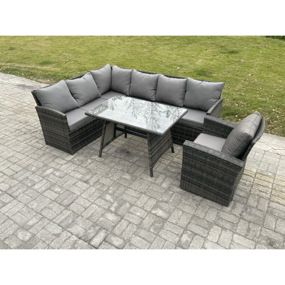 Fimous Wicker Rattan Garden Furniture Corner Sofa Set with Oblong Dining Table Armchair Outdoor Rattan Set