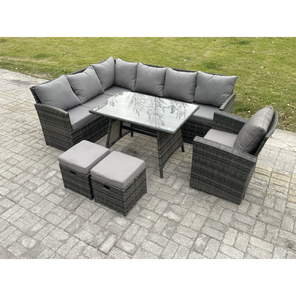 Fimous Wicker Rattan Garden Furniture Corner Sofa Set With Oblong Dining Table 2 Small Footstools Chair