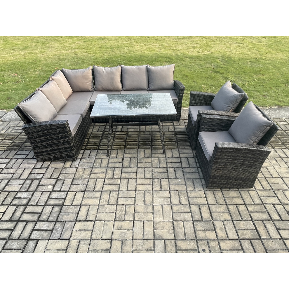 Fimous High Back Outdoor Garden Furniture Set Rattan Corner Sofa Dining Table Set With 2 Armchairs 8 Seater