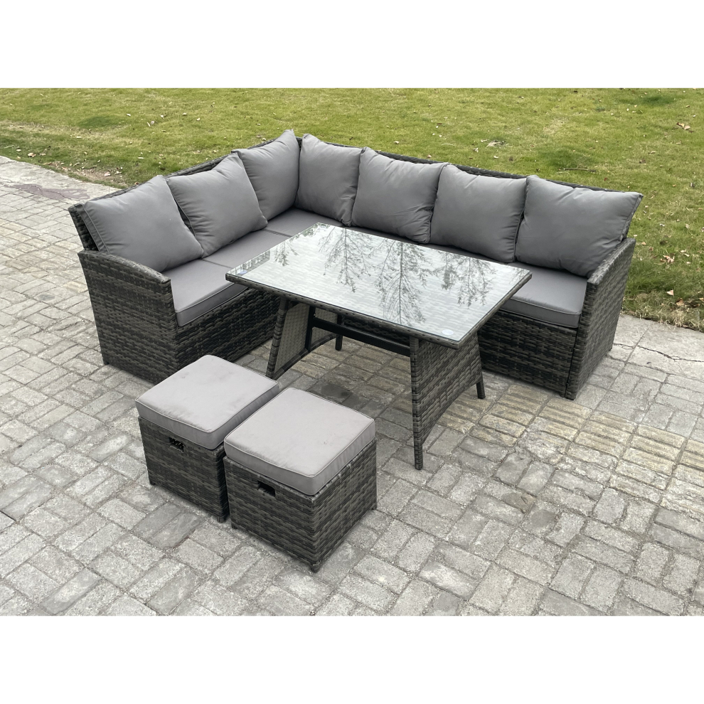 Fimous Wicker Rattan Garden Furniture Corner Sofa Set with Oblong Dining Table 2 Small Footstools 8 Seater