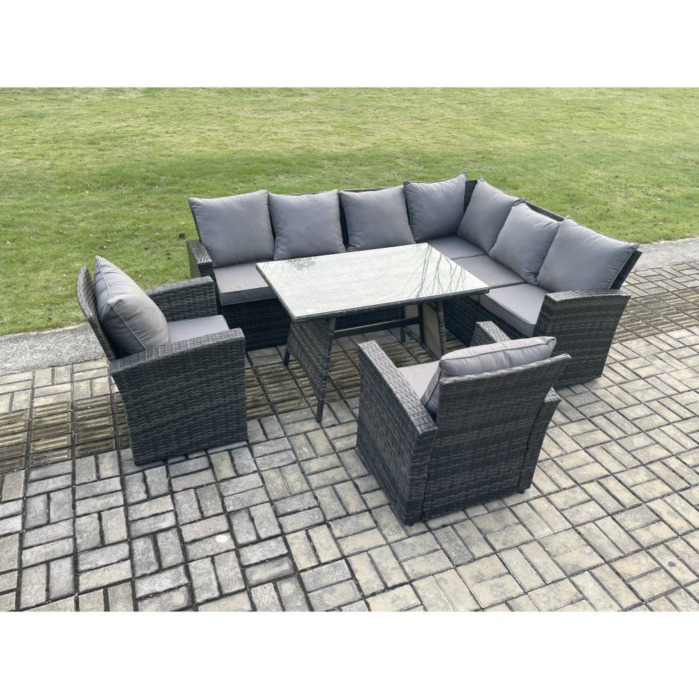 Fimous High Back Outdoor Garden Furniture Set Rattan Corner Sofa Dining Table Set With 2 Armchair 8 Seater