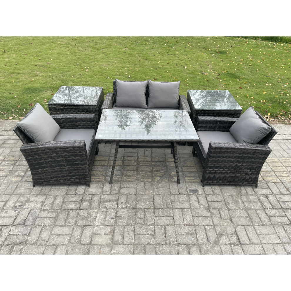 Fimous Outdoor Garden Furniture High Back Rattan Sofa Dining Table Set with 2 Side Tables