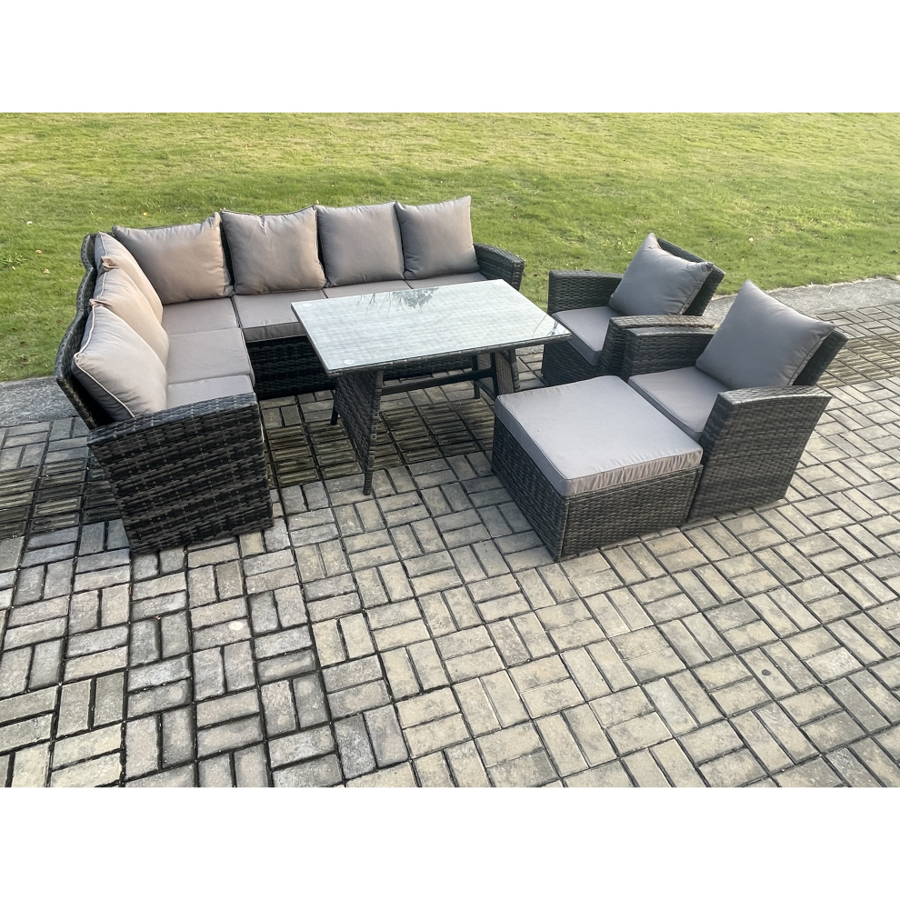 Fimous High Back Outdoor Garden Furniture Set Rattan Corner Sofa Dining Table Set With Big Footstool Armchair