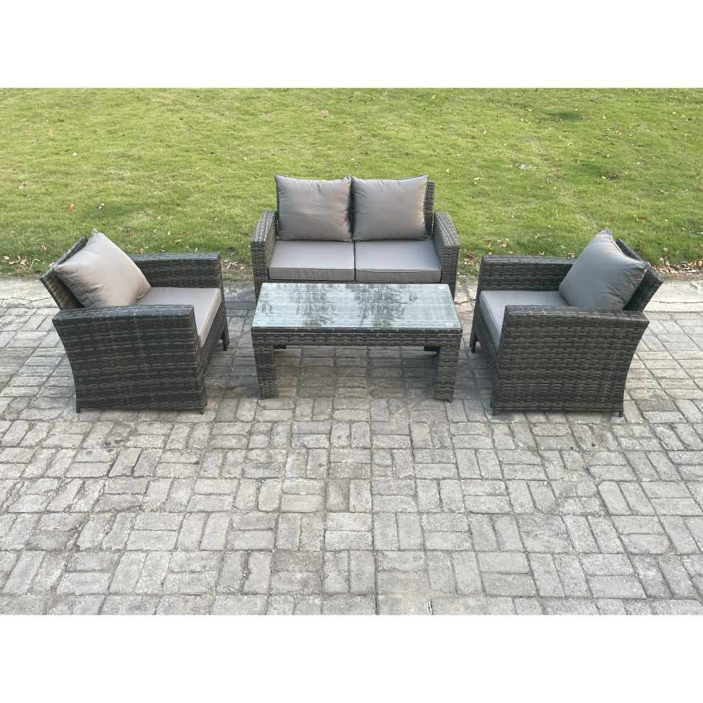 Fimous Outdoor Rattan Garden Furniture Set 4 Seater Patio Lounge Sofa Set with Coffee Table Dark Grey Mixed