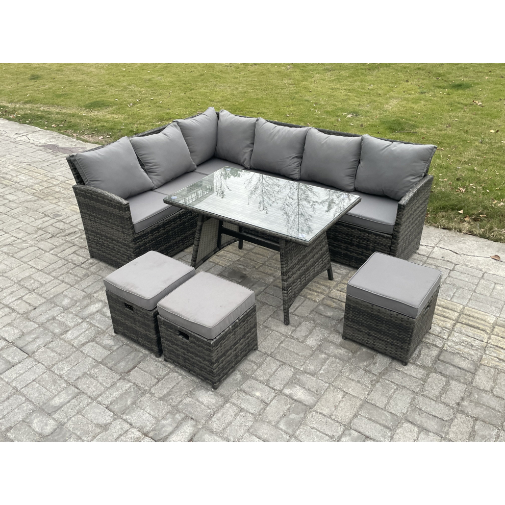 Fimous Wicker Rattan Garden Furniture Corner Sofa Set with Oblong Dining Table 3 Small Footstools 9 Seater