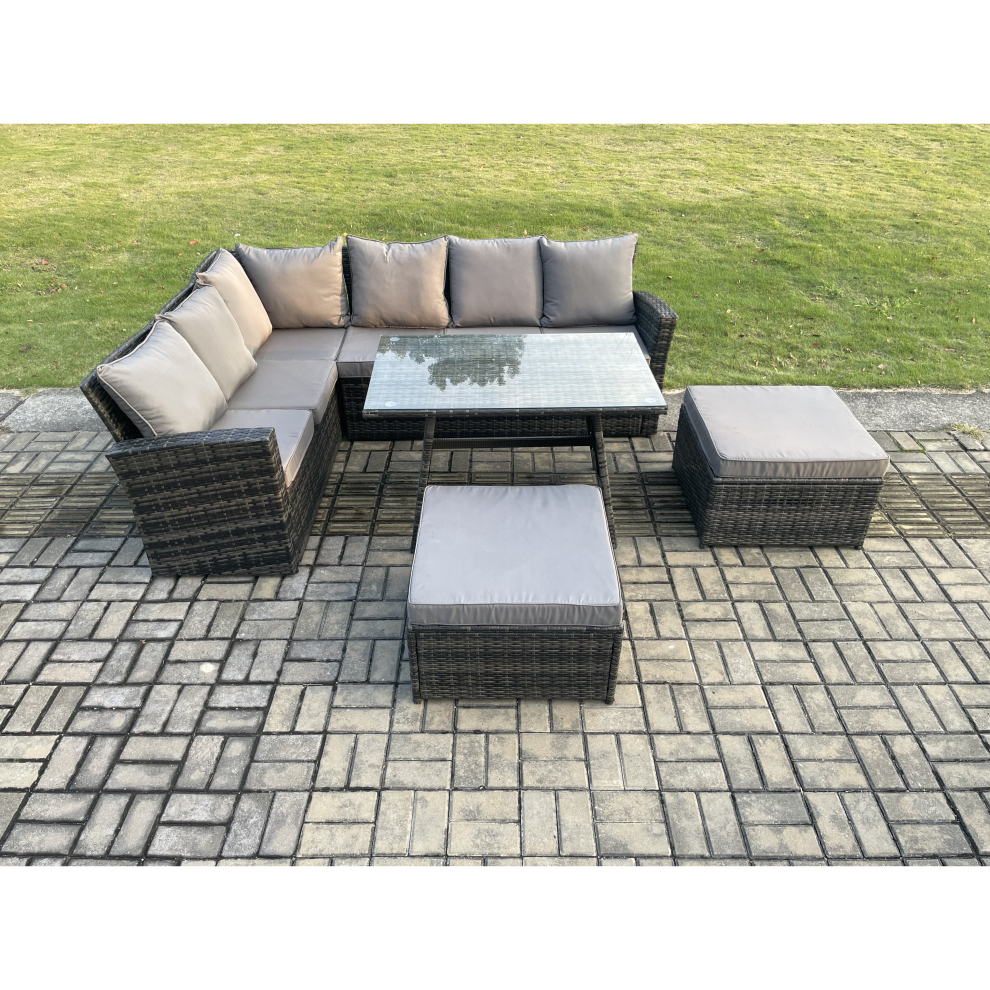 Fimous High Back Outdoor Garden Furniture Set Rattan Corner Sofa Dining Table Set With 2 Big Footstools 8 Seater