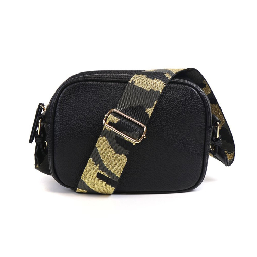 Camera Shoulder Bag POM Black Vegan Friendly with Camo Print Strap
