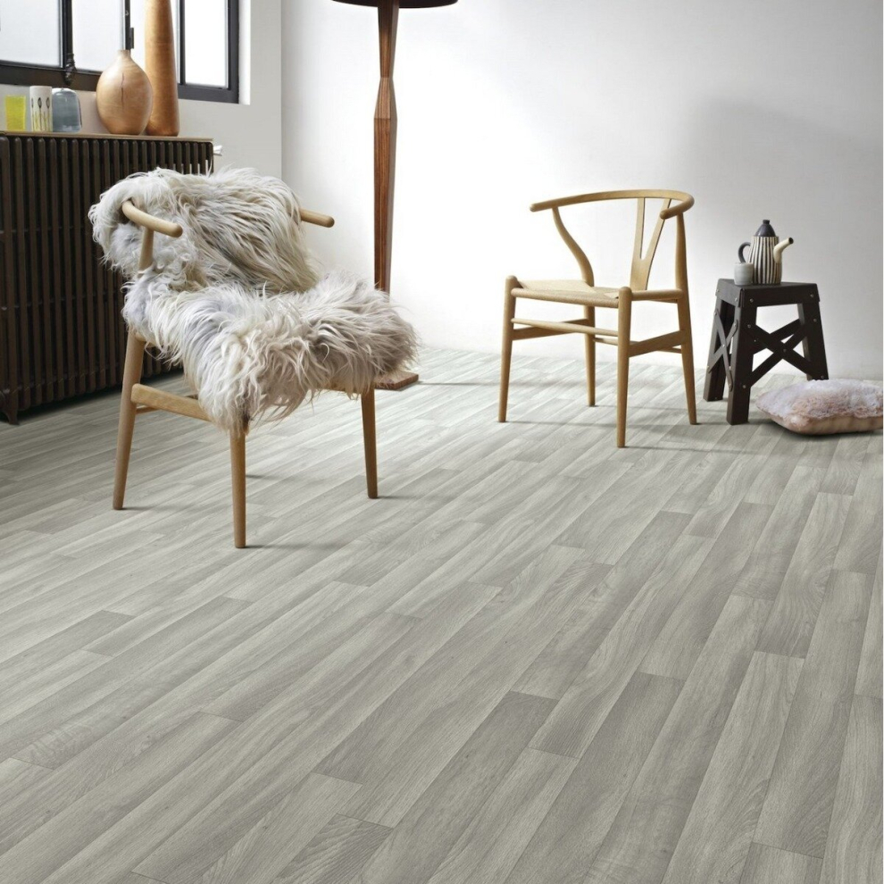 (6M(19'8") X 2M(6'6")-12Mâ², Light Grey Narrow Plank 03) Anti-Slip Narrow Pattern Wood Effect Lino Vinyl Flooring For Livingroom, Kitchen 9506968659355