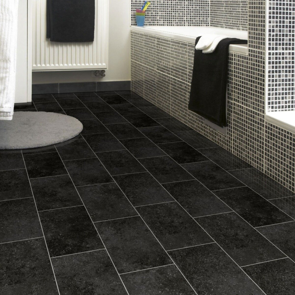 (7M(23') X 4M(13'1")-28Mâ², Dark Black Chequers 04) Stone Tile Effect Nonslip Lino Vinyl Flooring For Livingroom Kitchen Sheet Vinyl 9502443826670