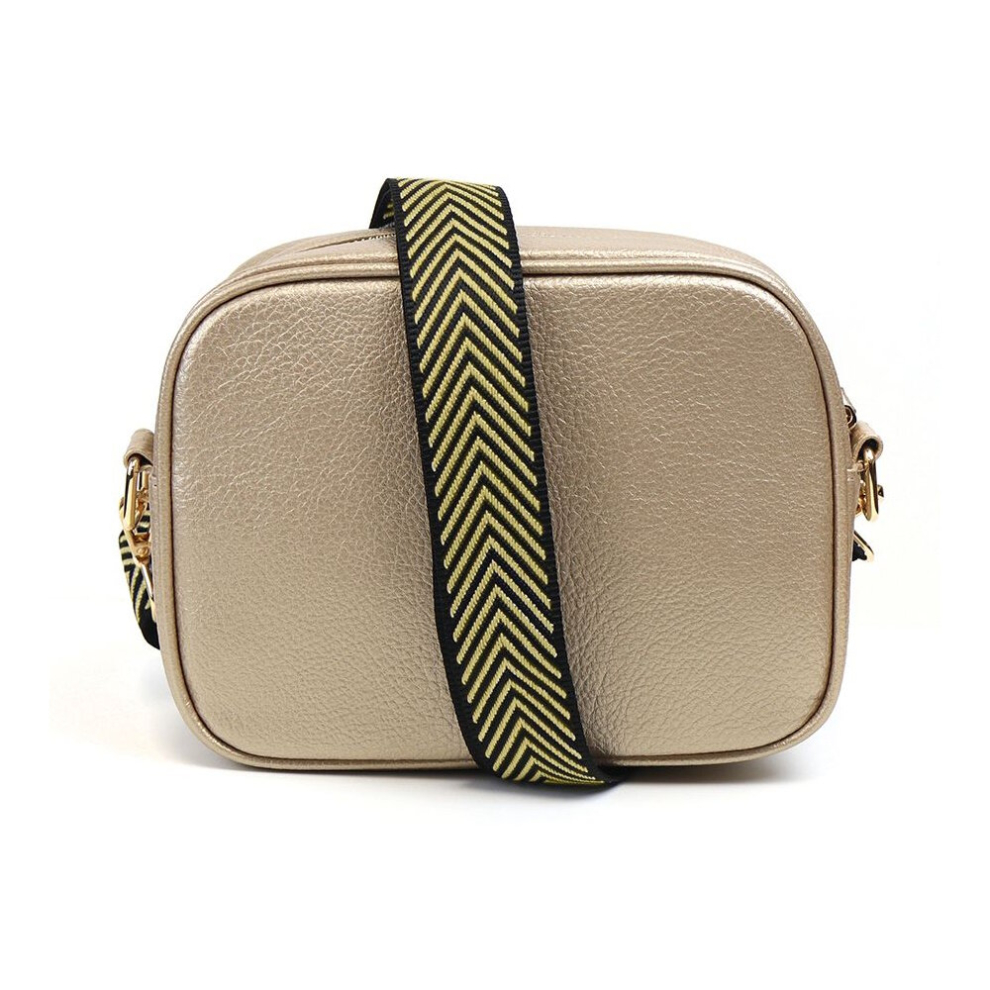 Peace Of Mind Unisex Gold Camera Shoulder Bag Pom Vegan Friendly With Black Chevron Strap