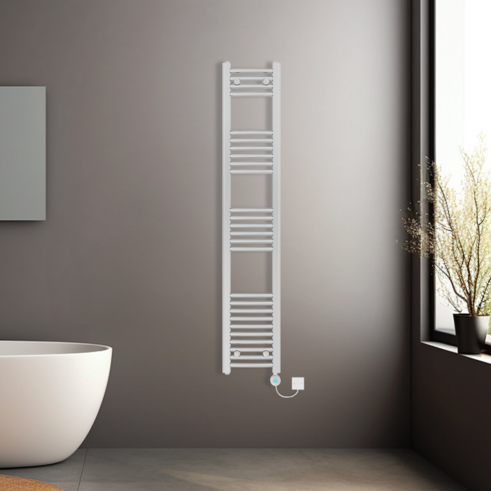 (Chrome, 1600x300mm) Prefilled Electric Heated Towel Rail Radiator Curved Thermo Smart WiFi