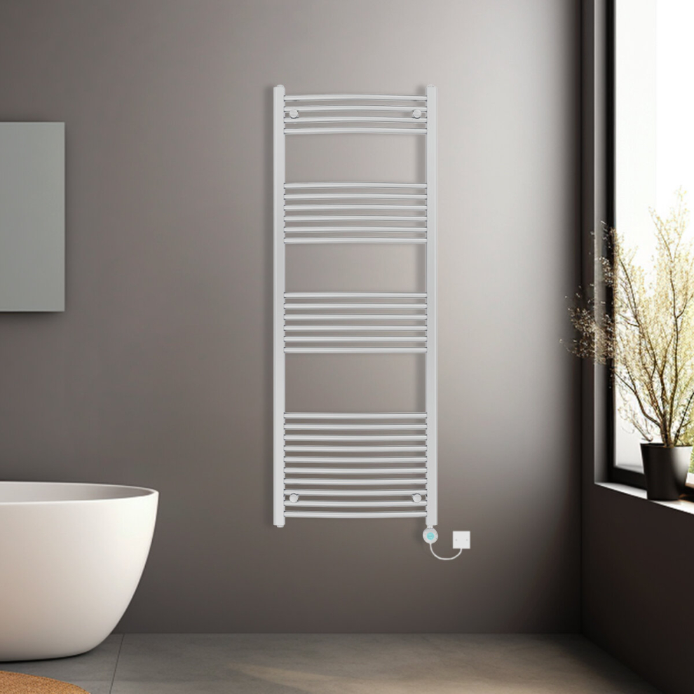 (Chrome, 1600x600mm) Prefilled Electric Heated Towel Rail Radiator Curved Thermo Smart WiFi