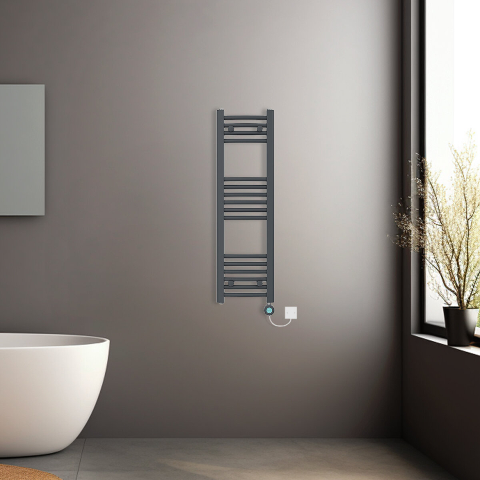 (Anthracite, 1000x300mm) Prefilled Electric Heated Towel Rail Radiator Curved Thermo Smart WiFi