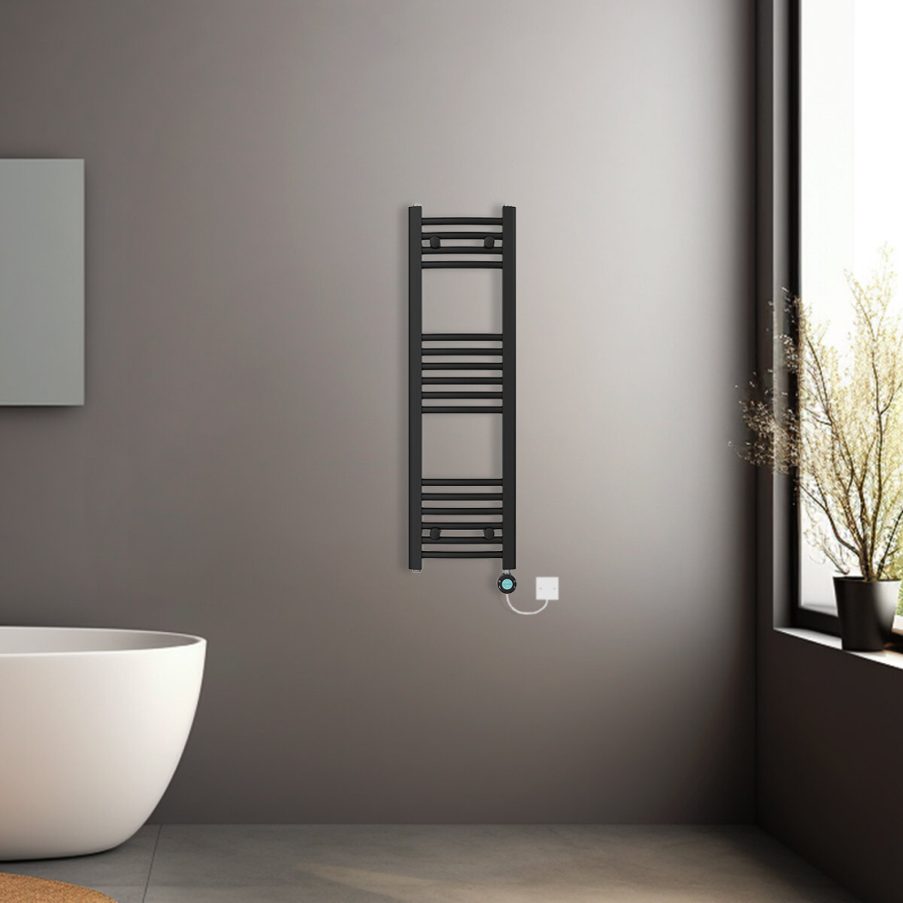 (Black, 1000x300mm) Prefilled Electric Heated Towel Rail Radiator Curved Thermo Smart WiFi