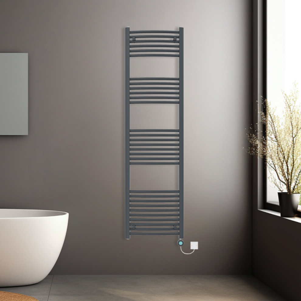 (Anthracite, 1800x500mm) Prefilled Electric Heated Towel Rail Radiator Curved Thermo Smart WiFi