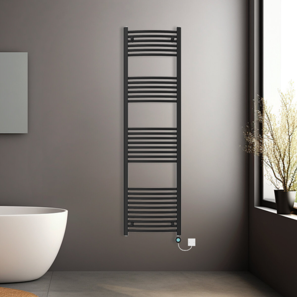 (Black, 1800x500mm) Prefilled Electric Heated Towel Rail Radiator Curved Thermo Smart WiFi