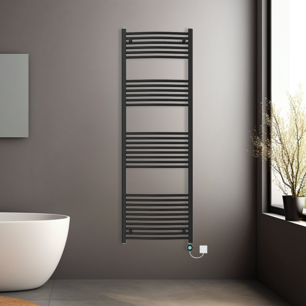 (Black, 1800x600mm) Prefilled Electric Heated Towel Rail Radiator Curved Thermo Smart WiFi