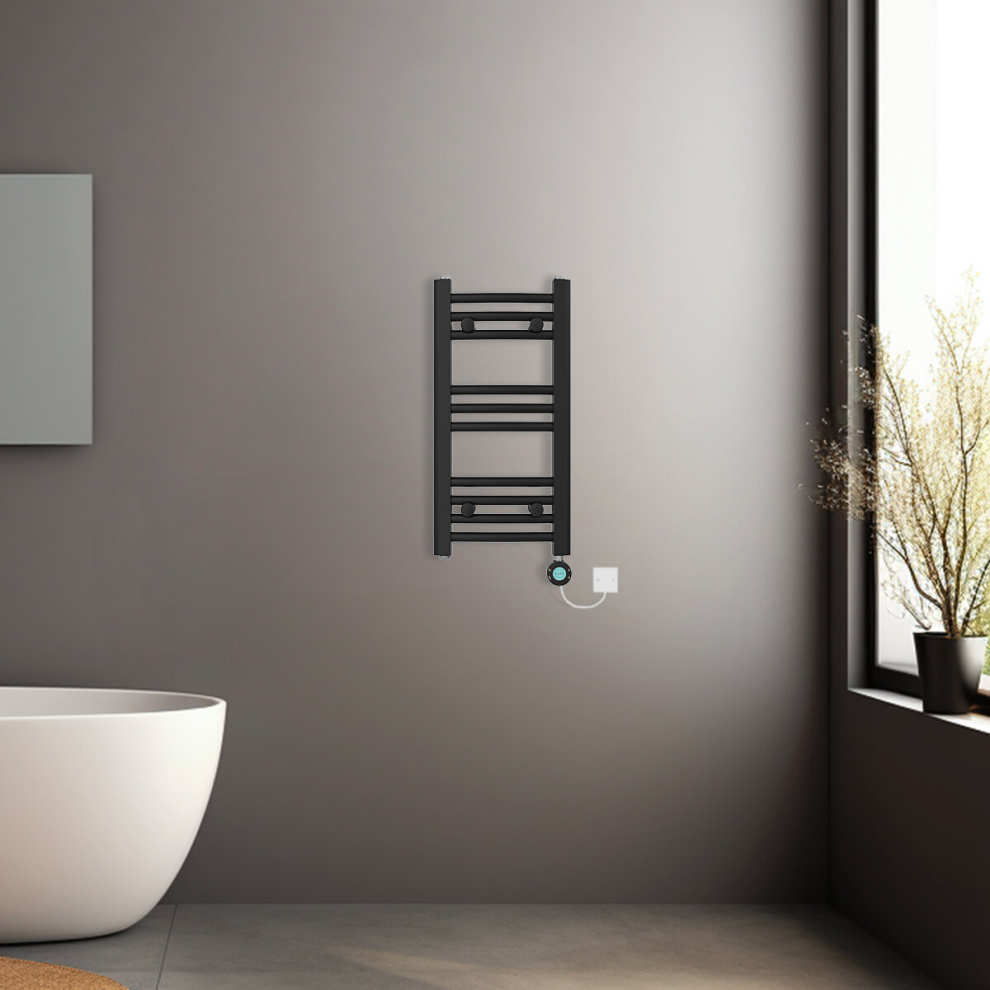 (Black, 600x300mm) Prefilled Electric Heated Towel Rail Radiator Curved Thermo Smart WiFi