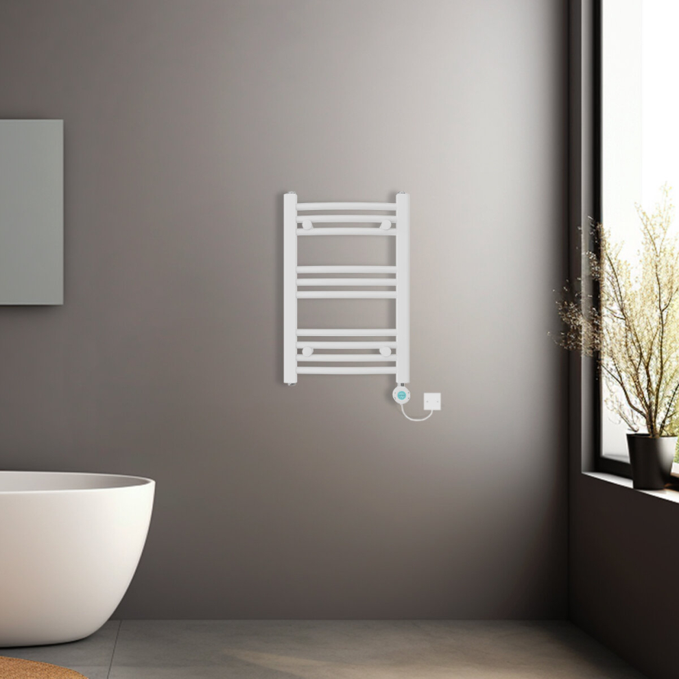 (White, 600x400mm) Prefilled Electric Heated Towel Rail Radiator Curved Thermo Smart WiFi