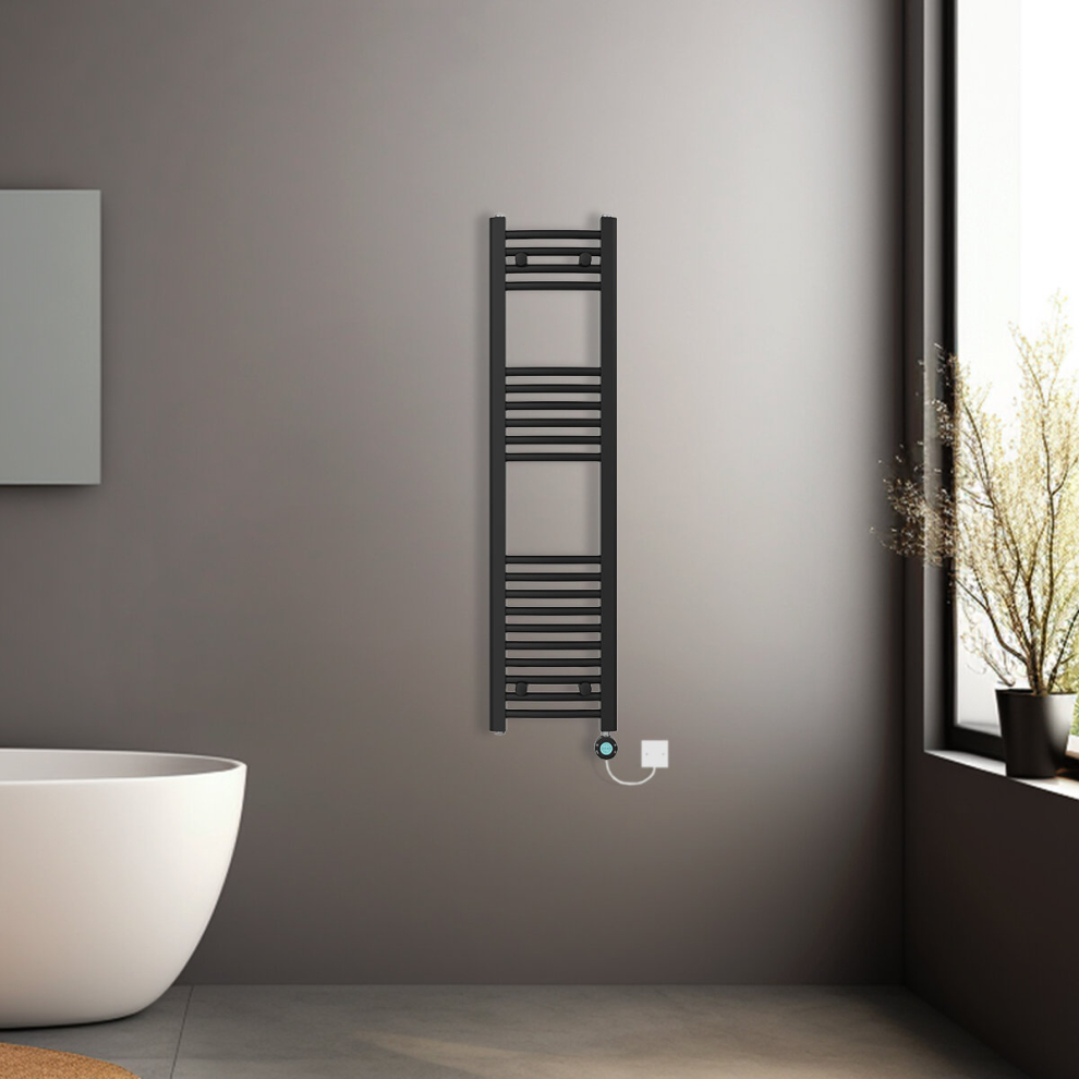 (Black, 1200x300mm) Prefilled Electric Heated Towel Rail Radiator Curved Thermo Smart WiFi