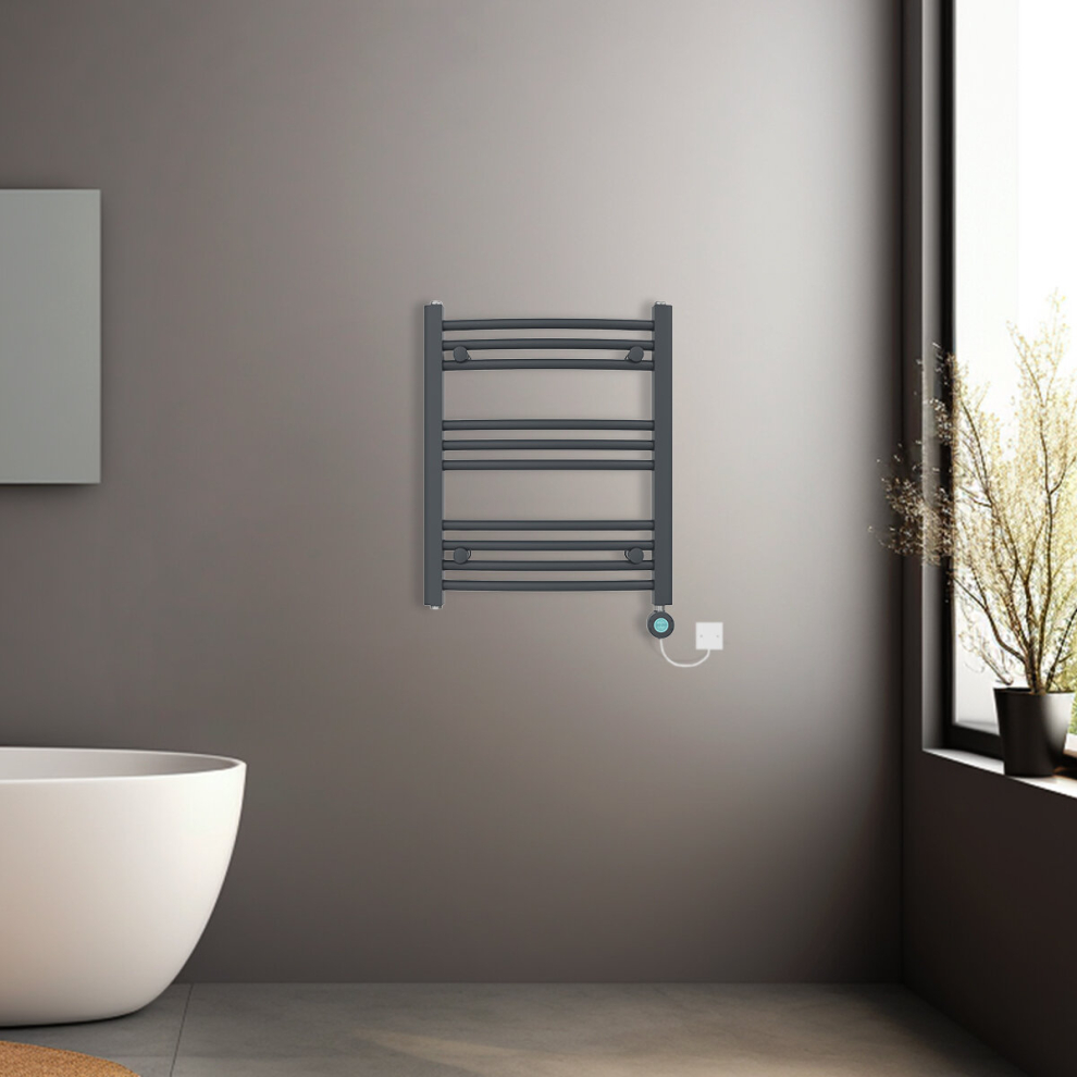 (Anthracite, 600x500mm) Prefilled Electric Heated Towel Rail Radiator Curved Thermo Smart WiFi