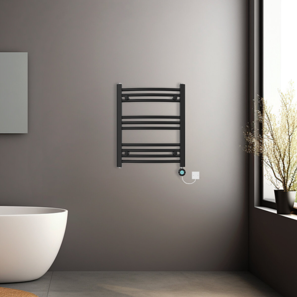 (Black, 600x500mm) Prefilled Electric Heated Towel Rail Radiator Curved Thermo Smart WiFi