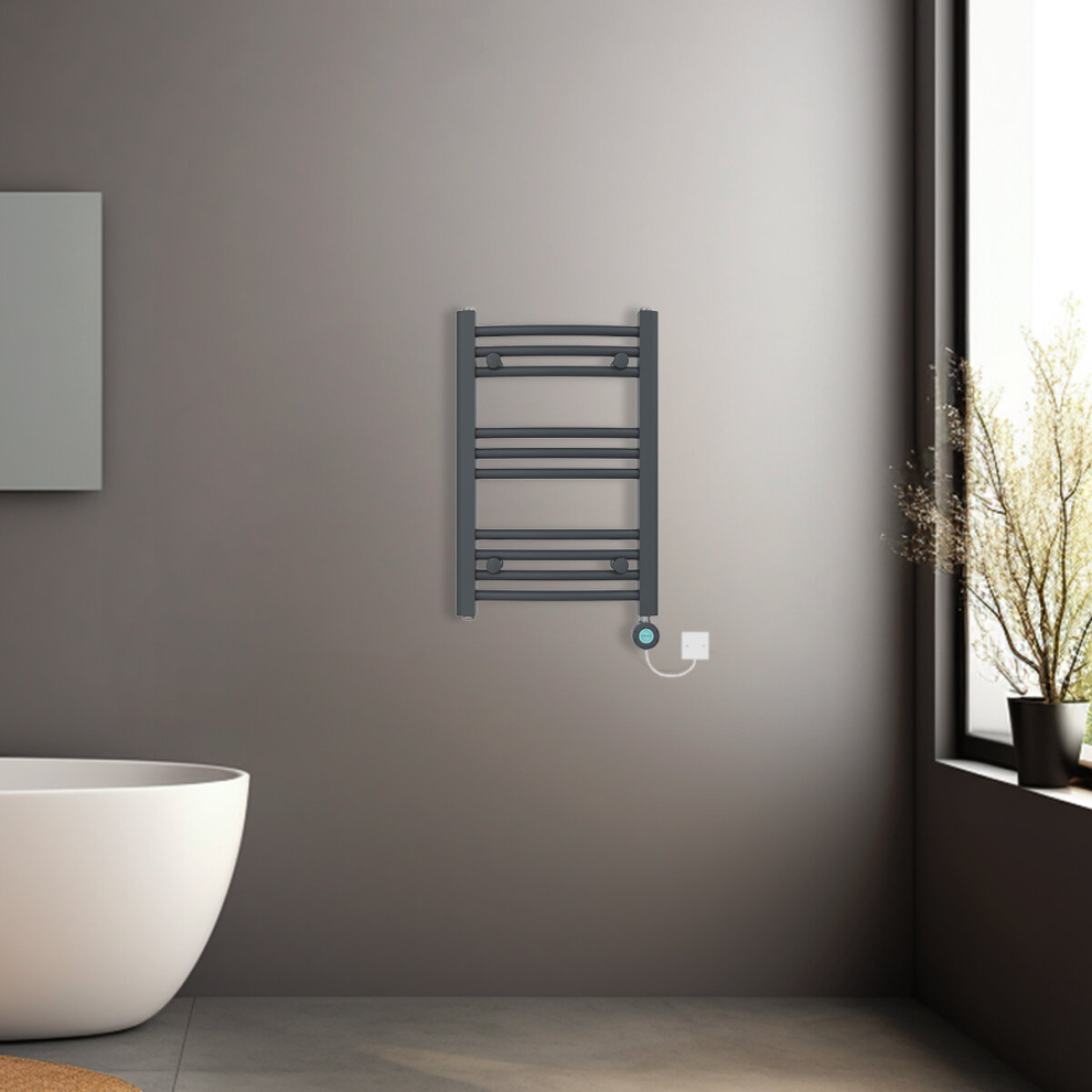 (Anthracite, 600x400mm) Prefilled Electric Heated Towel Rail Radiator Curved Thermo Smart WiFi