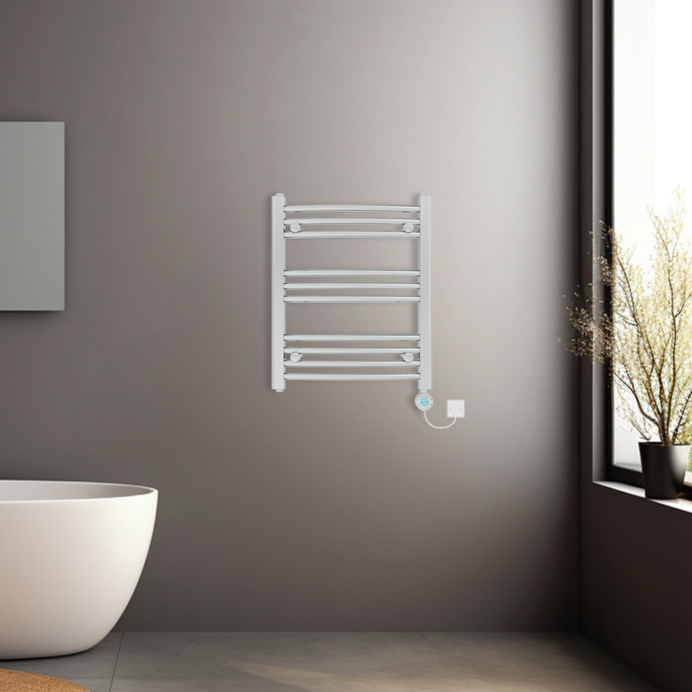 (Chrome, 600x500mm) Prefilled Electric Heated Towel Rail Radiator Curved Thermo Smart WiFi