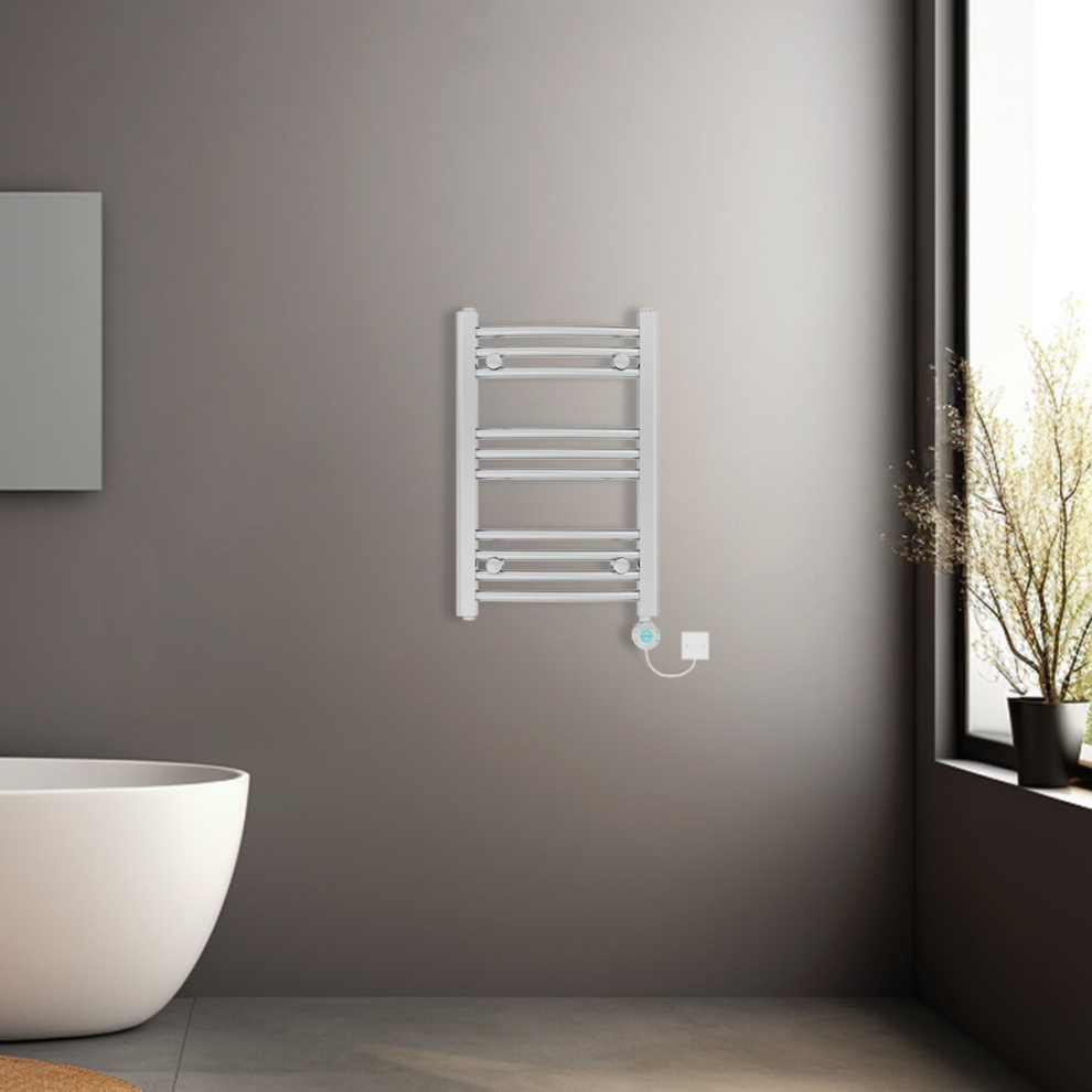 (Chrome, 600x400mm) Prefilled Electric Heated Towel Rail Radiator Curved Thermo Smart WiFi