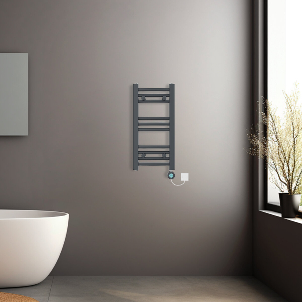 (Anthracite, 600x300mm) Prefilled Electric Heated Towel Rail Radiator Curved Thermo Smart WiFi