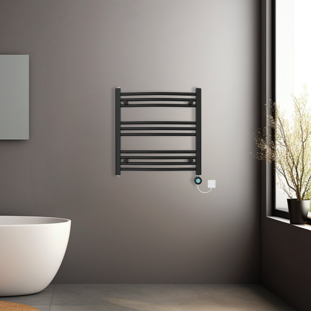 (Black, 600x600mm) Prefilled Electric Heated Towel Rail Radiator Curved Thermo Smart WiFi