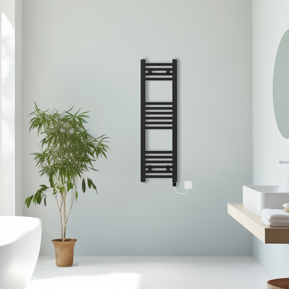 (Black, 1000x300mm) Prefilled Electric Straight Heated Towel Rail Radiator Ladder Warmer