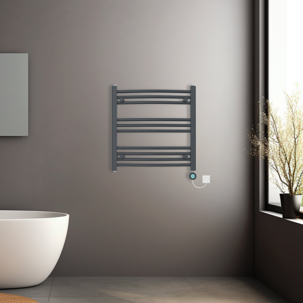 (Anthracite, 600x600mm) Prefilled Electric Heated Towel Rail Radiator Curved Thermo Smart WiFi