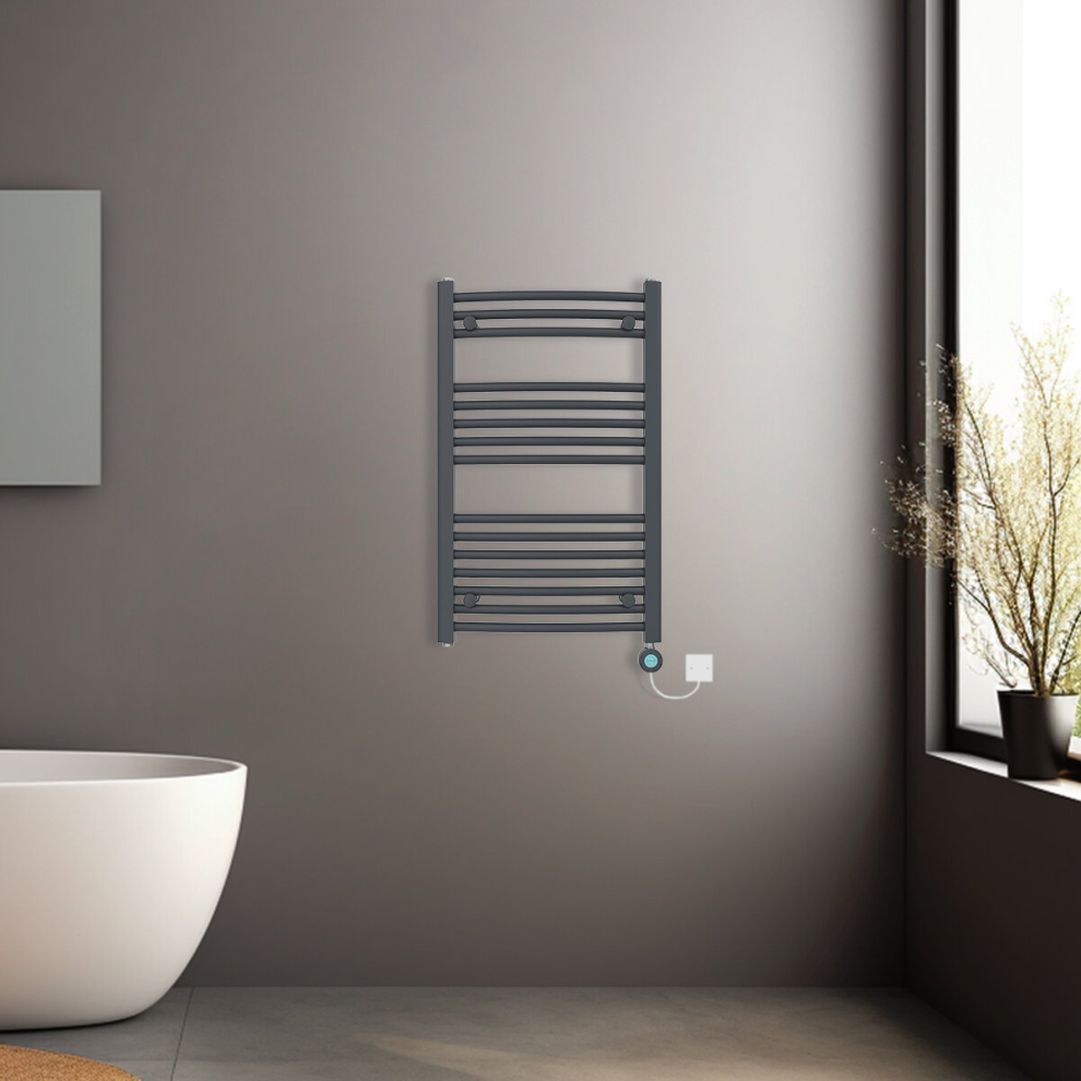 (Anthracite, 800x500mm) Prefilled Electric Heated Towel Rail Radiator Curved Thermo Smart WiFi