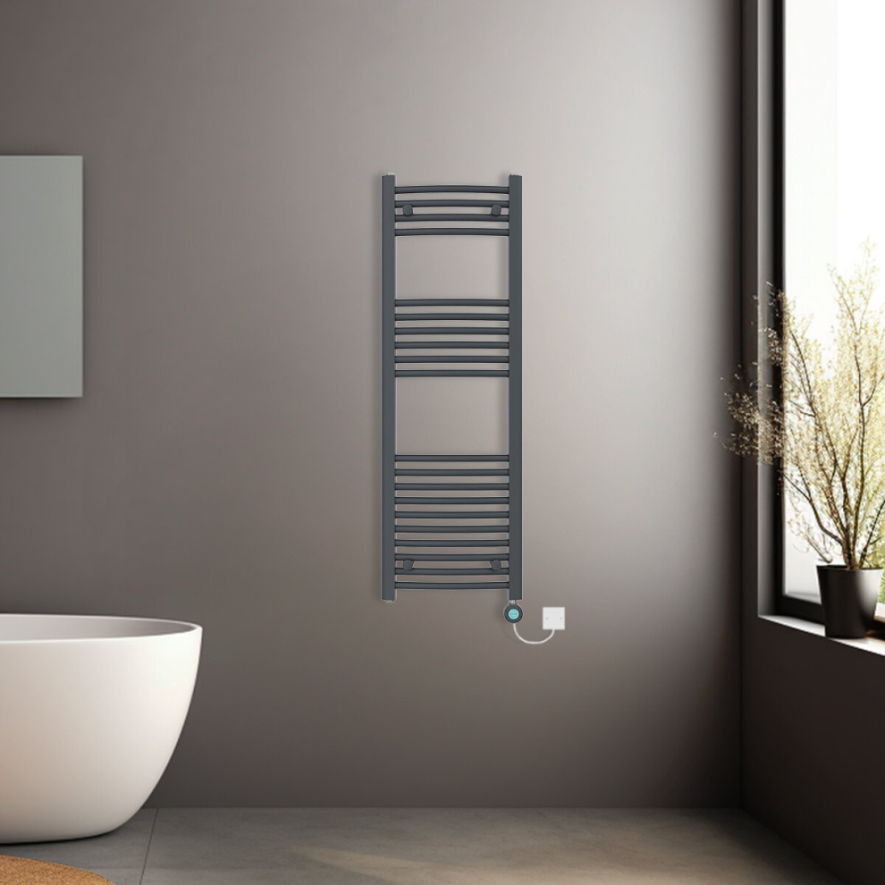 (Anthracite, 1200x400mm) Prefilled Electric Heated Towel Rail Radiator Curved Thermo Smart WiFi