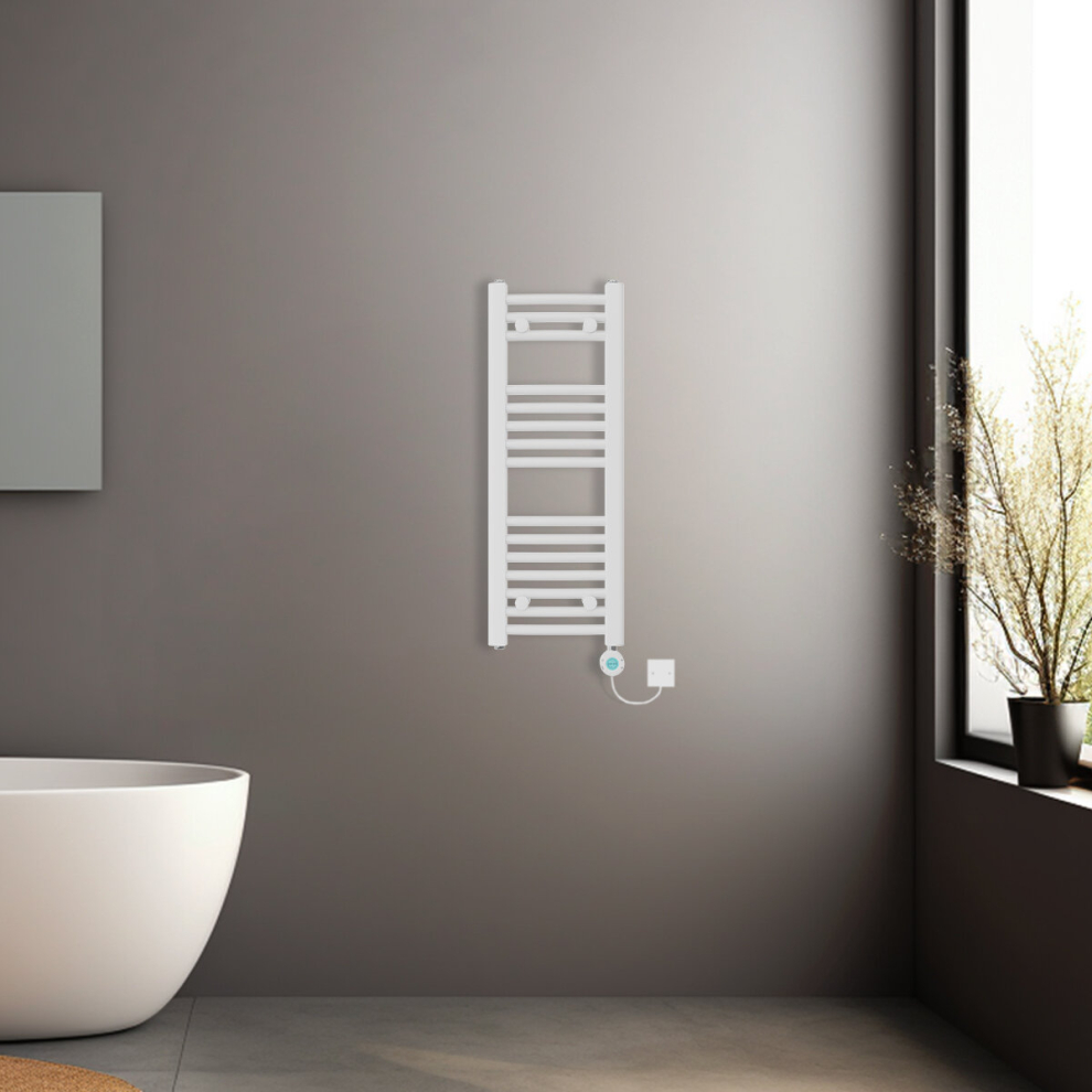 (White, 800x300mm) Prefilled Electric Heated Towel Rail Radiator Curved Thermo Smart WiFi