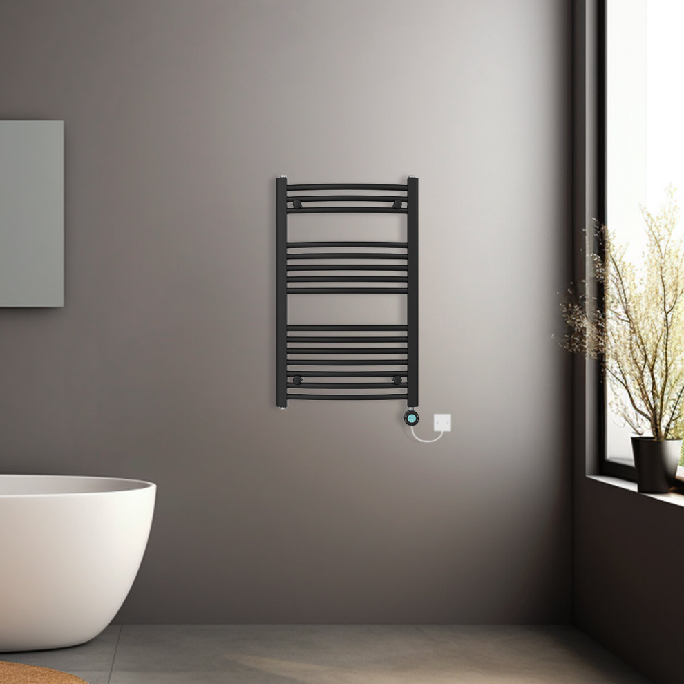 (Black, 800x500mm) Prefilled Electric Heated Towel Rail Radiator Curved Thermo Smart WiFi