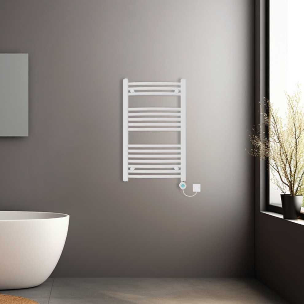 (White, 800x500mm) Prefilled Electric Heated Towel Rail Radiator Curved Thermo Smart WiFi