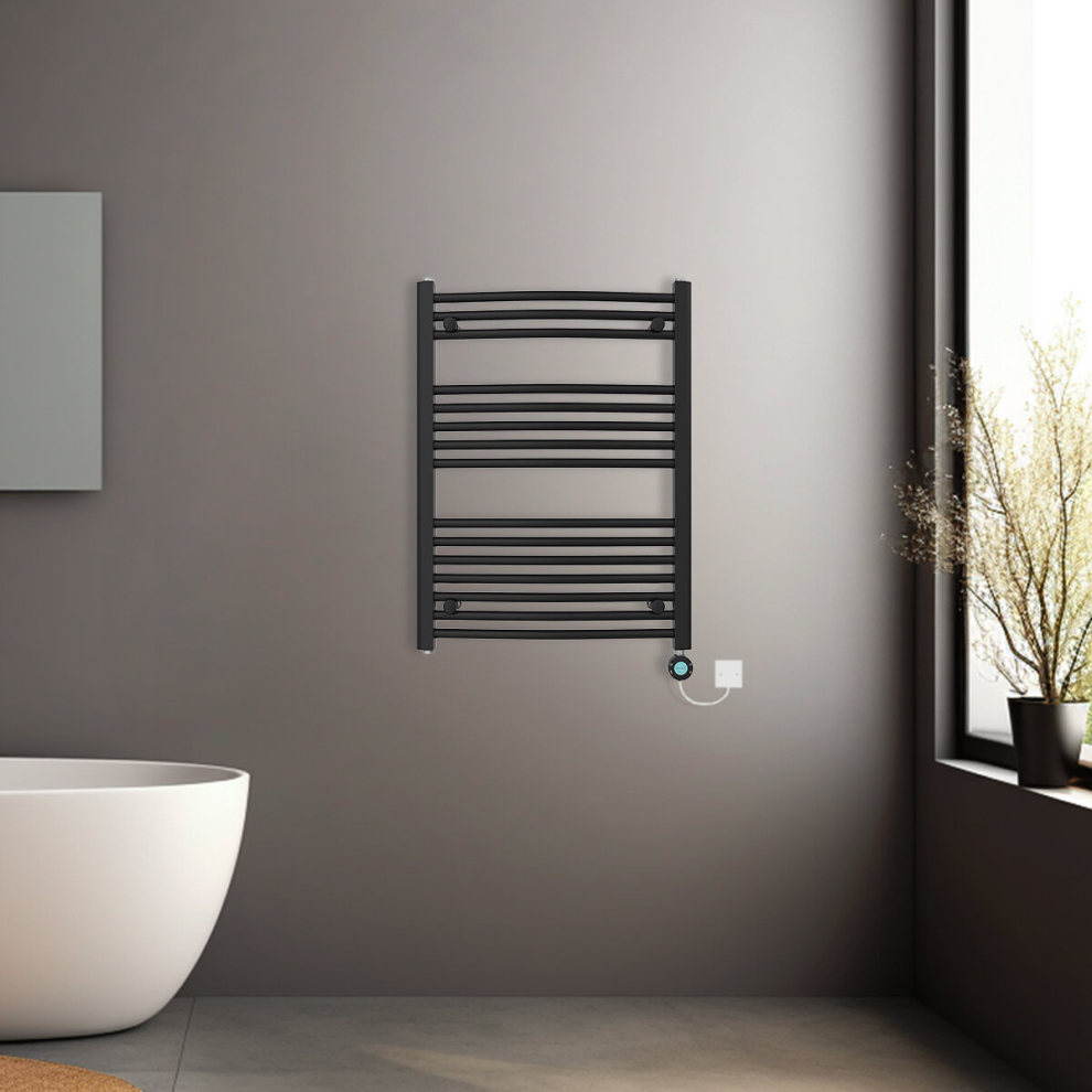 (Black, 800x600mm) Prefilled Electric Heated Towel Rail Radiator Curved Thermo Smart WiFi