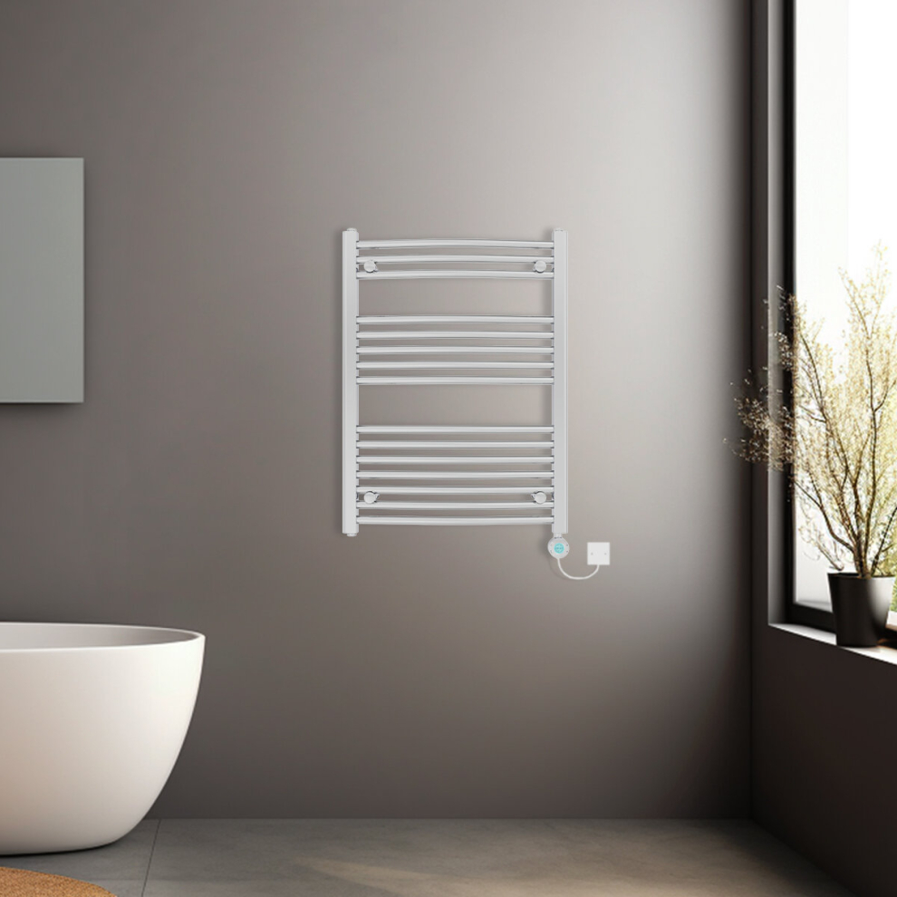 (Chrome, 800x600mm) Prefilled Electric Heated Towel Rail Radiator Curved Thermo Smart WiFi