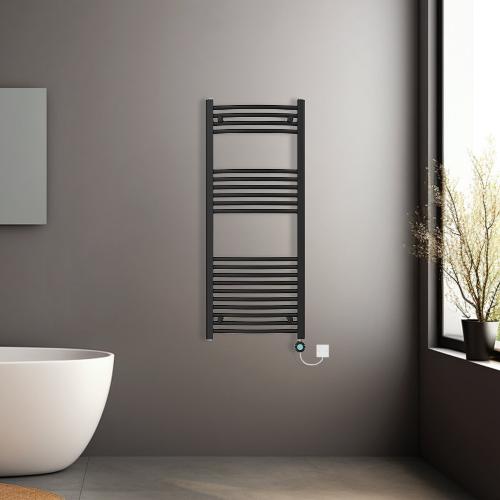 (Black, 1200x500mm) Prefilled Electric Heated Towel Rail Radiator Curved Thermo Smart WiFi