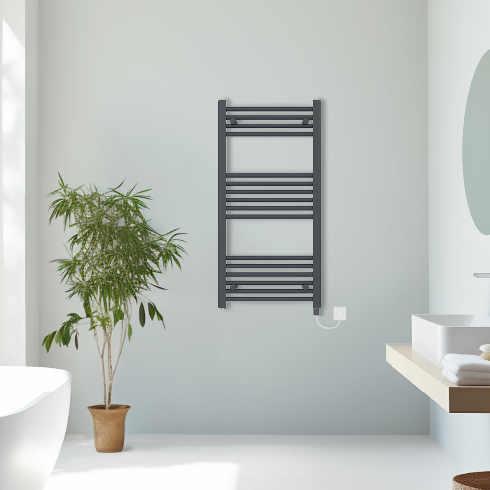 (Anthracite, 1000x500mm) Prefilled Electric Straight Heated Towel Rail Radiator Ladder Warmer