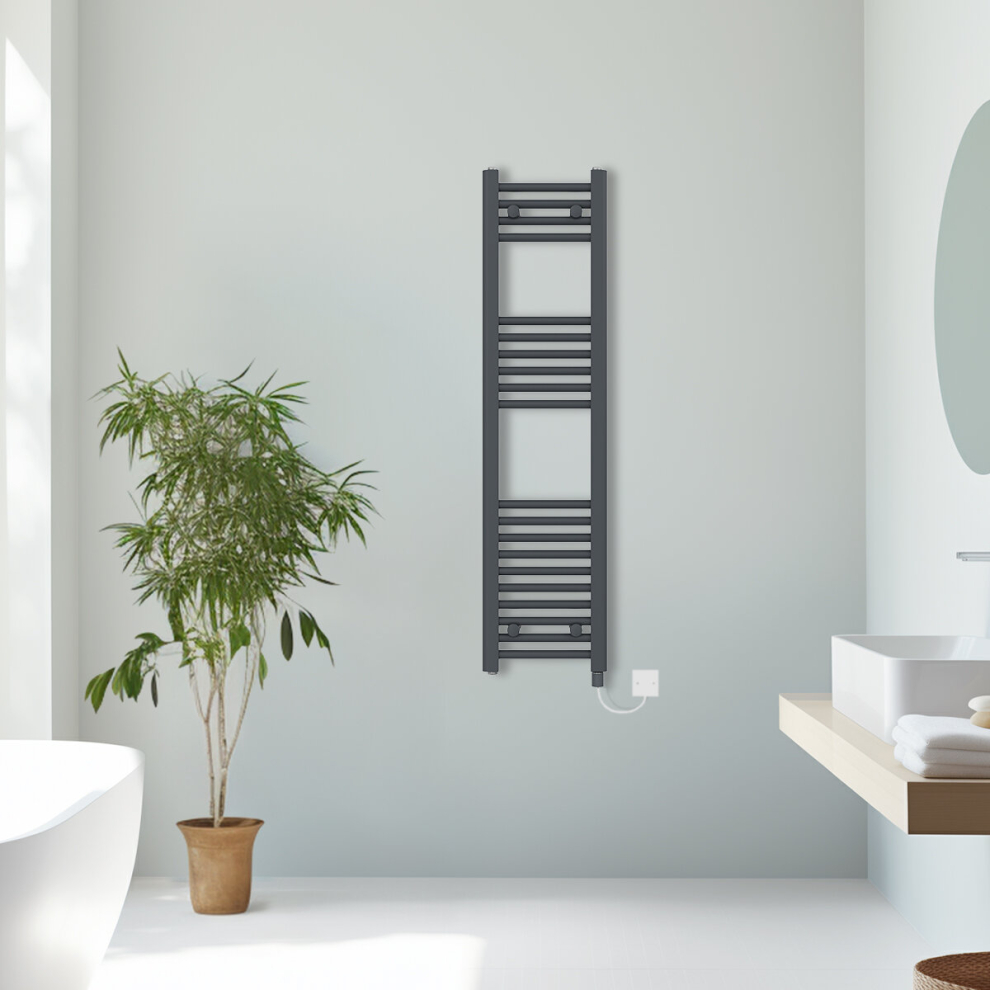 (Anthracite, 1200x300mm) Prefilled Electric Straight Heated Towel Rail Radiator Ladder Warmer