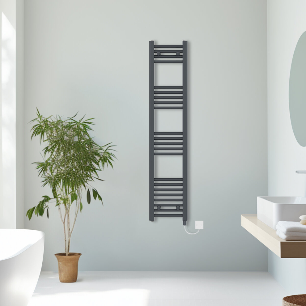 (Anthracite, 1400x300mm) Prefilled Electric Straight Heated Towel Rail Radiator Ladder Warmer