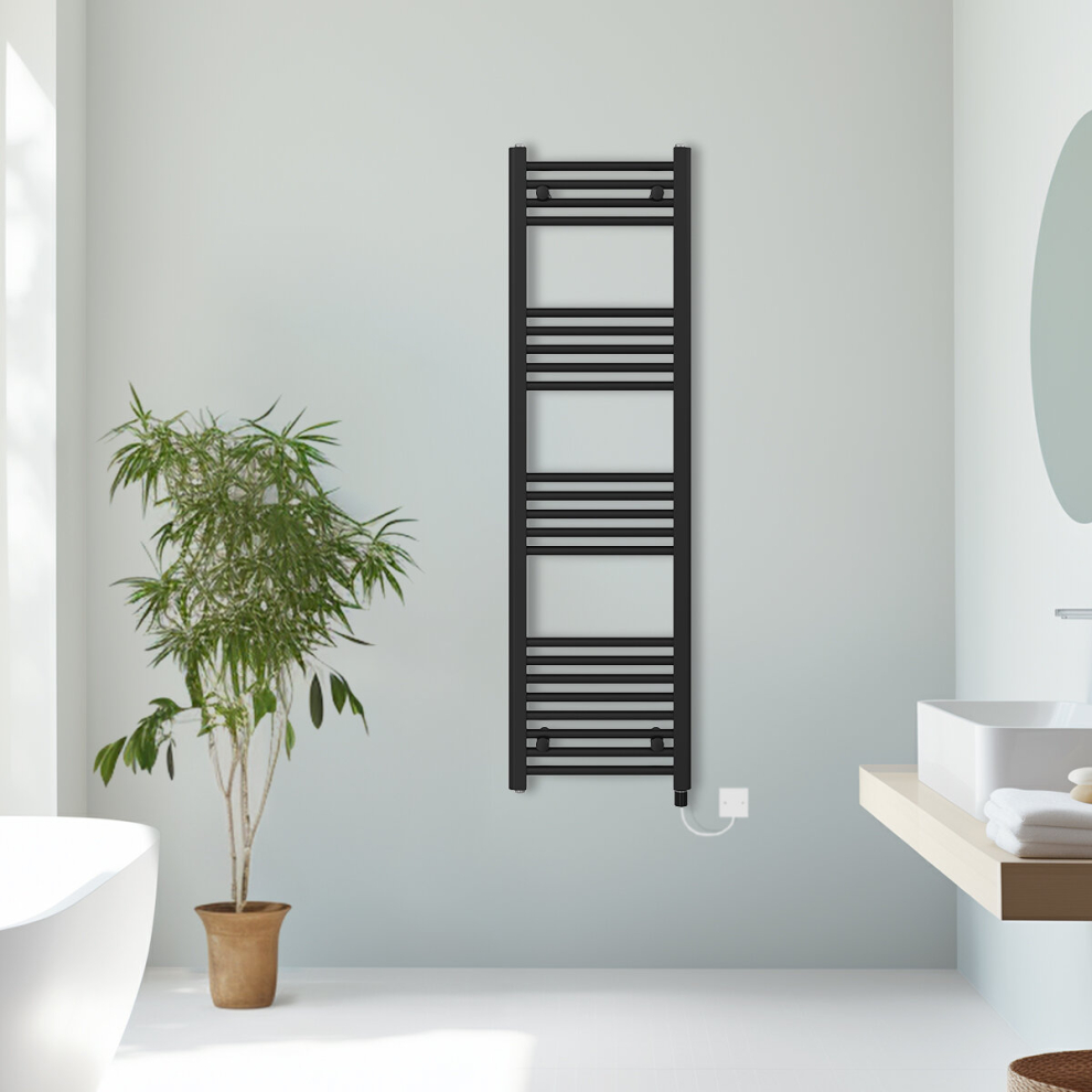 (Black, 1400x400mm) Prefilled Electric Straight Heated Towel Rail Radiator Ladder Warmer