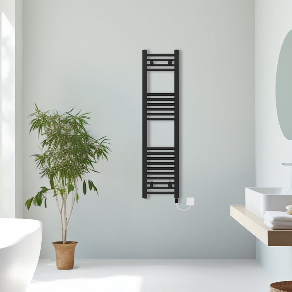 (Black, 1200x300mm) Prefilled Electric Straight Heated Towel Rail Radiator Ladder Warmer