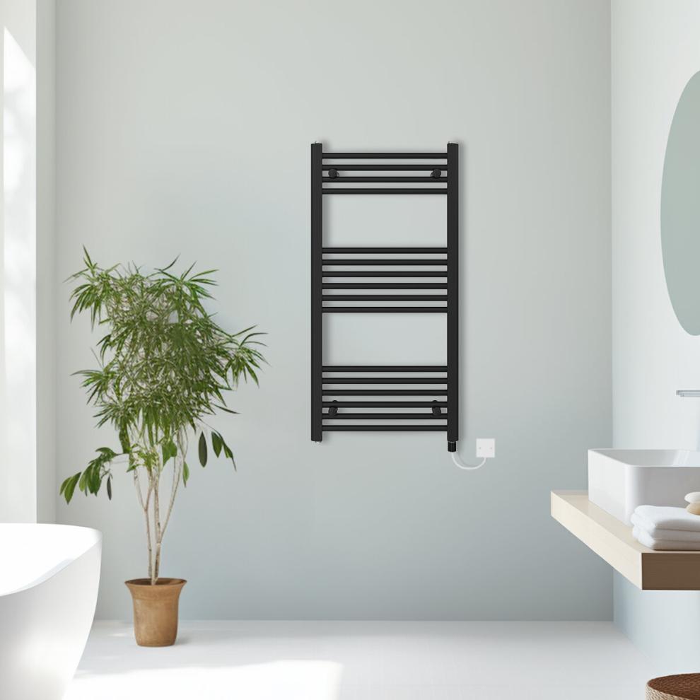 (Black, 1000x500mm) Prefilled Electric Straight Heated Towel Rail Radiator Ladder Warmer