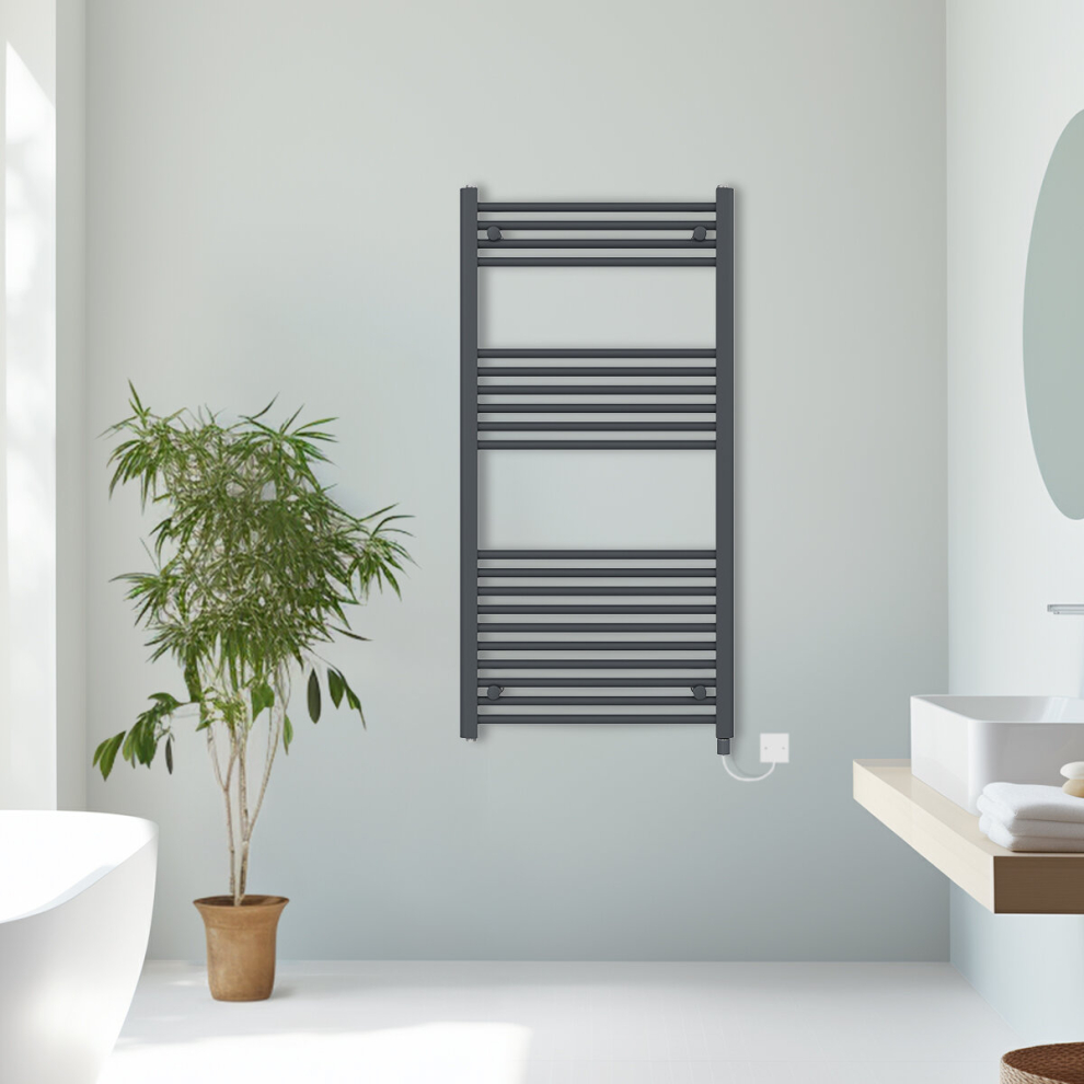 (Anthracite, 1200x600mm) Prefilled Electric Straight Heated Towel Rail Radiator Ladder Warmer